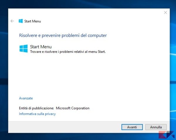 menu Start di Windows 10 non funziona