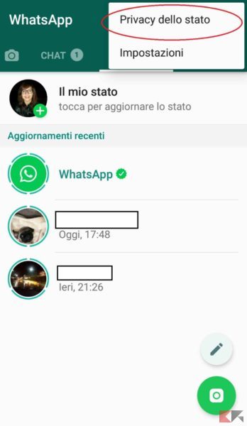 nascondere stato whatsapp a un contatto