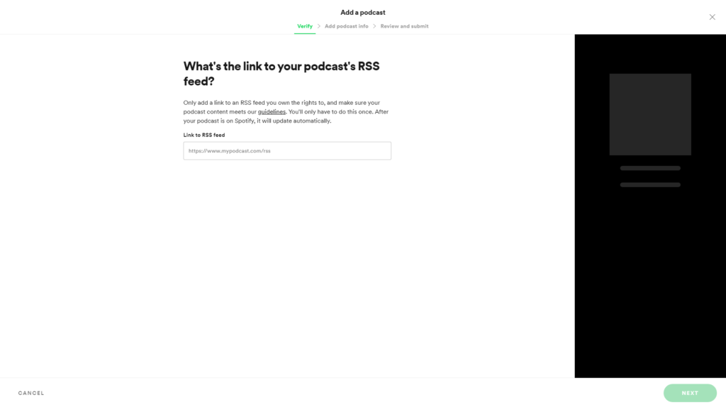 Schermata di Spotify for Podcasters che mostra il primo step per collegare un feed RSS esistente